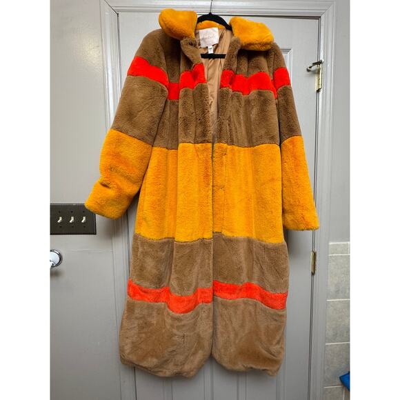Anthropologie Hutch Colorblock Stripe Faux Fur Coat Large - Picture 2 of 8